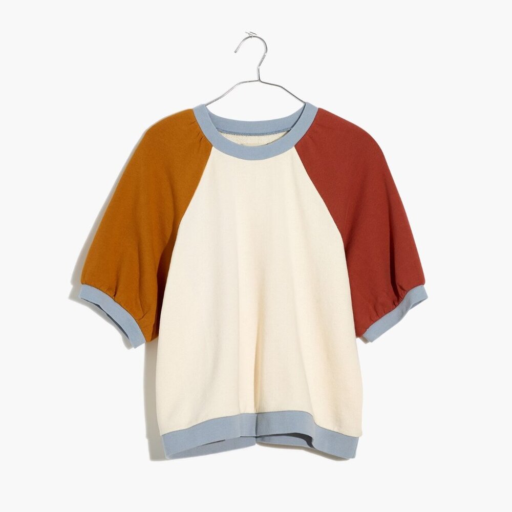 New Madewell Puff-Sleeve Color Block Sweatshirt Tee (size S in antique cream)